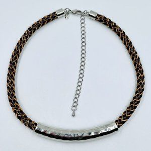 Premier Designs Braided Brown Vegan Leather Necklace Hammered Silver Tone Slide
